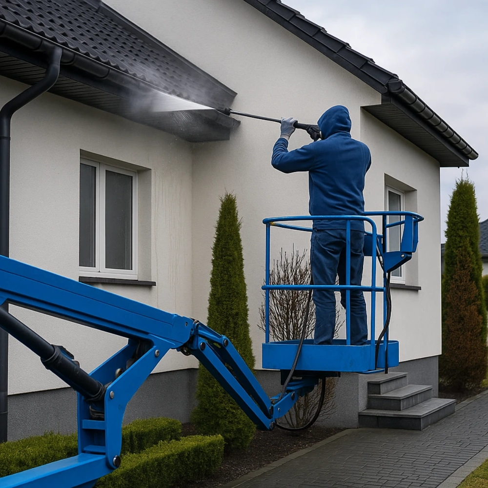 Pracownik na podnośniku myjący elewację budynku za pomocą myjki ciśnieniowej